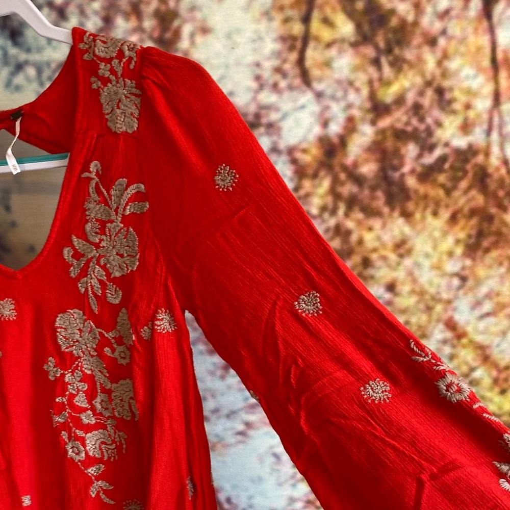 Free People Red Embroidered Long Sleeve Dress worn once - Picture 3 of 13